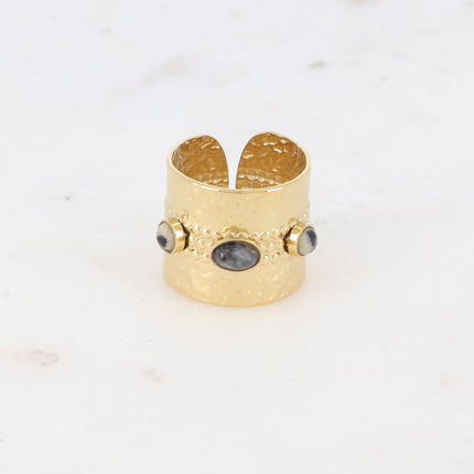 Bague large - martelé et 3 cabochons en pierre naturelle