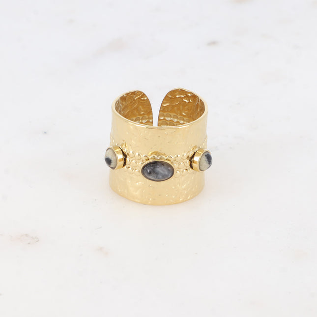Wide ring - hammered finish with 3 natural stone cabochons