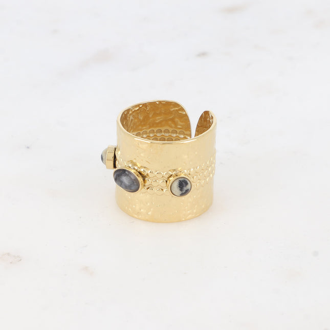 Wide ring - hammered finish with 3 natural stone cabochons