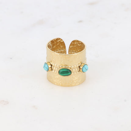 Bague large - martelé et 3 cabochons en pierre naturelle