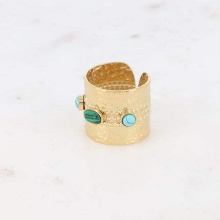 Bague large - martelé et 3 cabochons en pierre naturelle