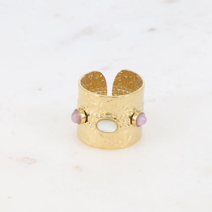 Bague large - martelé et 3 cabochons en pierre naturelle