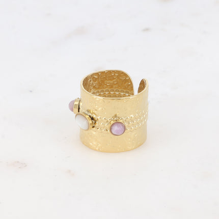 Bague large - martelé et 3 cabochons en pierre naturelle