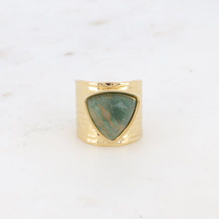 Bague large - lignes martelées et pierre naturelle triangulaire
