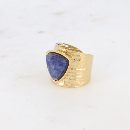 Bague large - lignes martelées et pierre naturelle triangulaire