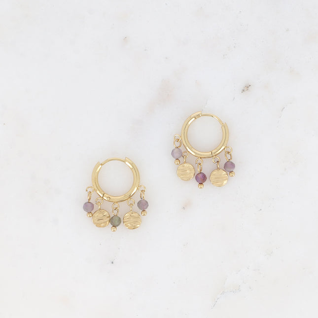 Thaly Creole earrings - round engraved tassels and natural stones