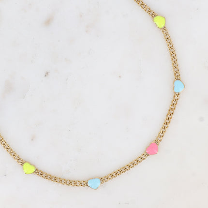 Collier Elisca - maille gourmette et coeurs en émail