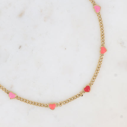 Collier Elisca - maille gourmette et coeurs en émail