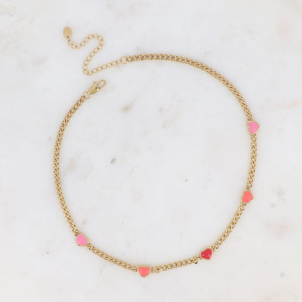 Collier Elisca - maille gourmette et coeurs en émail