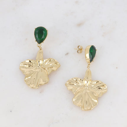 Milana drop earrings - crystal teardrop and textured foliage