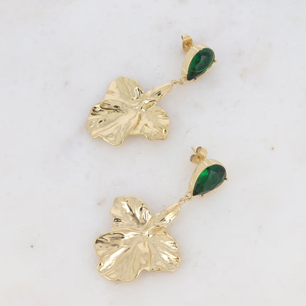 Milana drop earrings - crystal teardrop and textured foliage