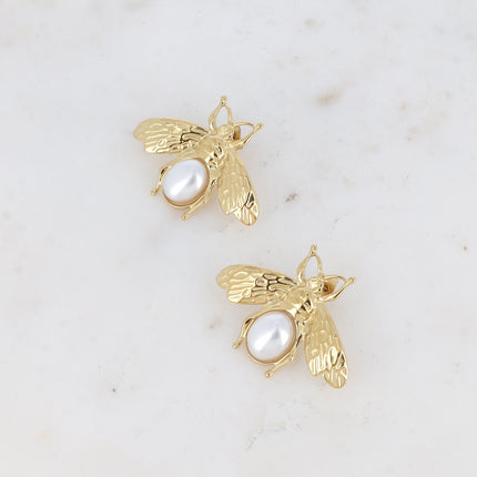 Boucles puces - abeille et pierre naturelle