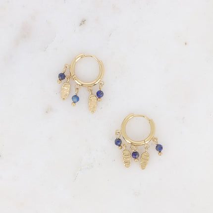 Creole earrings - engraved oval tassels and natural stones