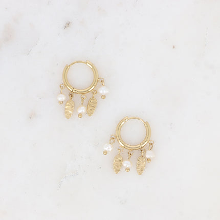 Creole earrings - engraved oval tassels and natural stones