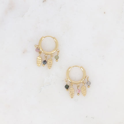 Creole earrings - engraved oval tassels and natural stones