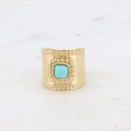 Bague large - pierre naturelle carré et motif tressé et ronds - Difficilement réglable T58