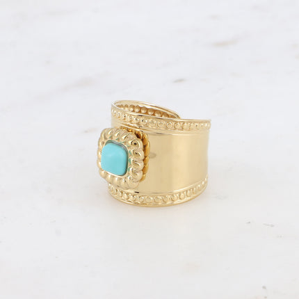 Bague large - pierre naturelle carré et motif tressé et ronds - Difficilement réglable T58