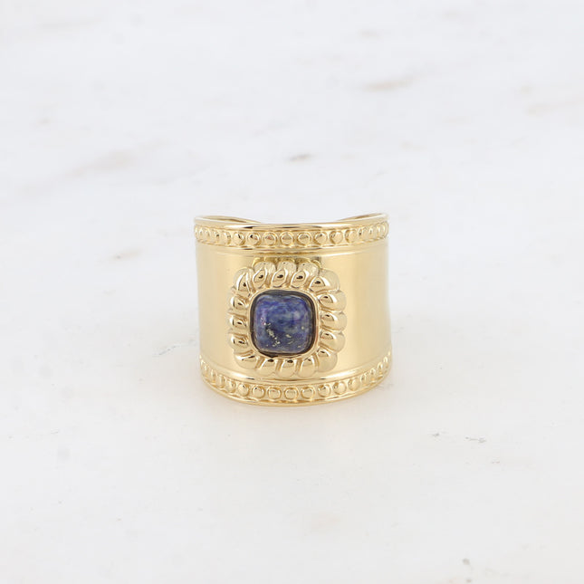 Wide ring - natural square stone with braided and round pattern - Difficult to adjust, size 58