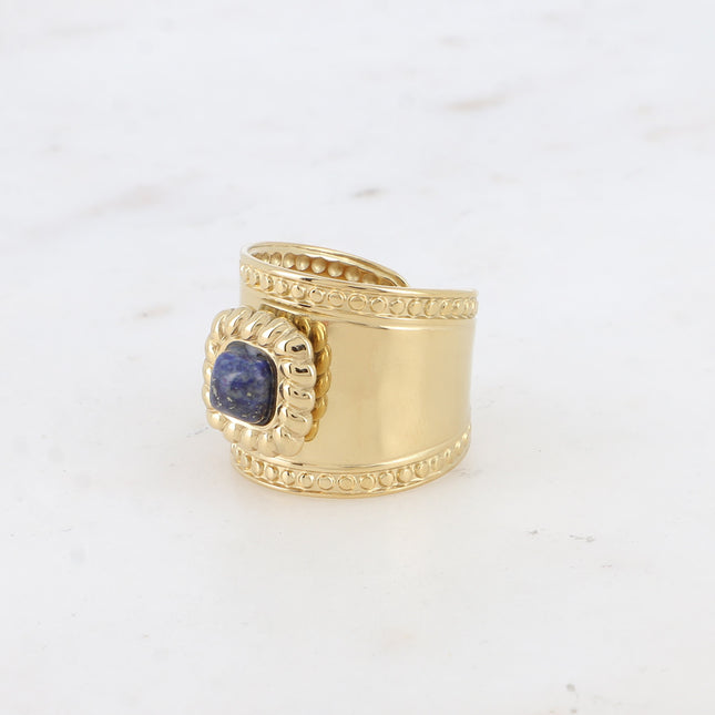 Wide ring - natural square stone with braided and round pattern - Difficult to adjust, size 58
