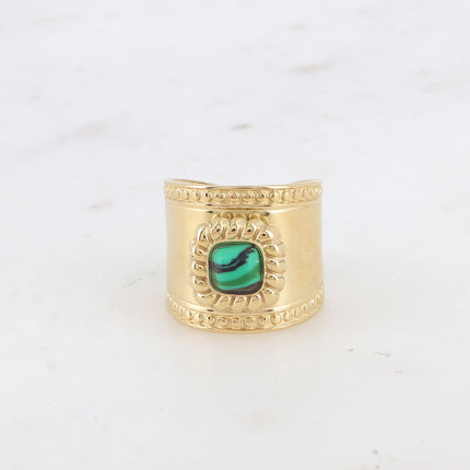Bague large - pierre naturelle carré et motif tressé et ronds - Difficilement réglable T58