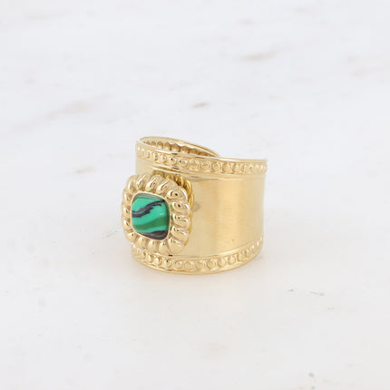 Bague large - pierre naturelle carré et motif tressé et ronds - Difficilement réglable T58