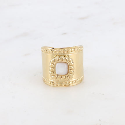 Bague large - pierre naturelle carré et motif tressé et ronds - Difficilement réglable T58
