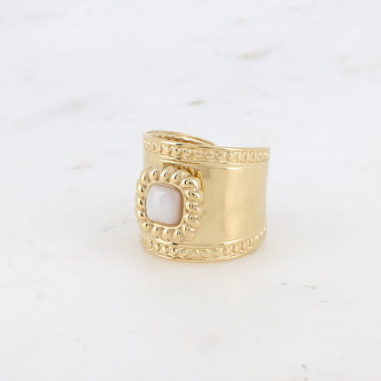 Bague large - pierre naturelle carré et motif tressé et ronds - Difficilement réglable T58
