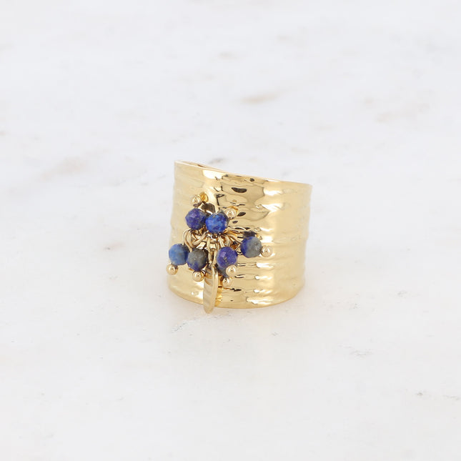 Bague large - pampille ovale texturée et pierres naturelles