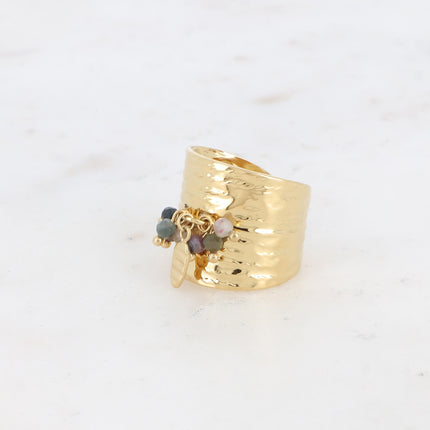 Bague large - pampille ovale texturée et pierres naturelles