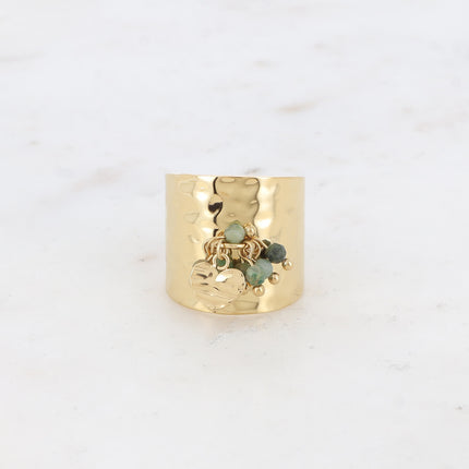 Bague large - pampille coeur texturée et pierres naturelles