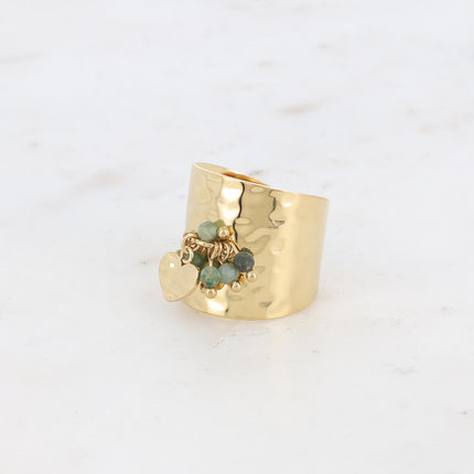 Bague large - pampille coeur texturée et pierres naturelles
