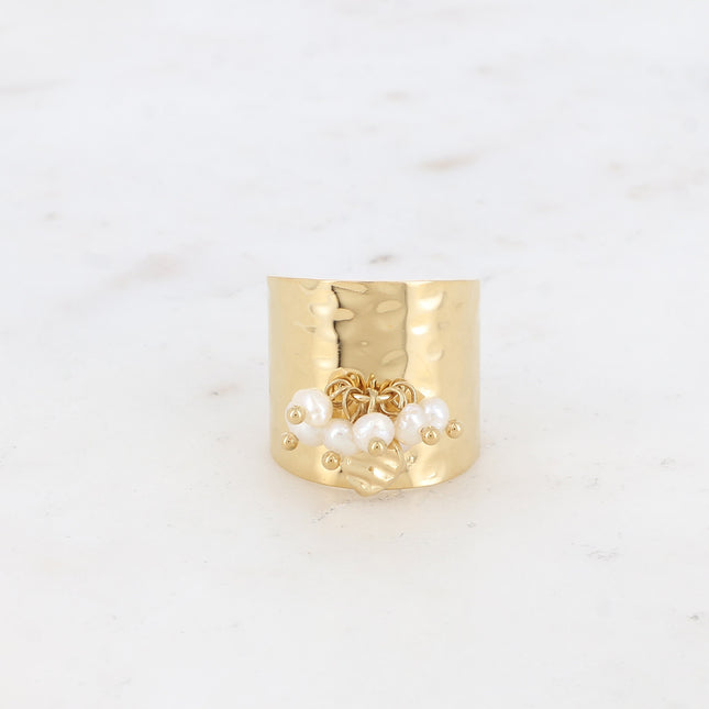Bague large - pampille coeur texturée et pierres naturelles