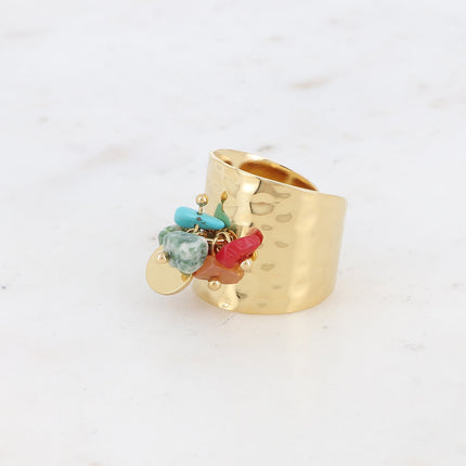 Bague large Albia - pampille ronde lisse et pierres naturelles