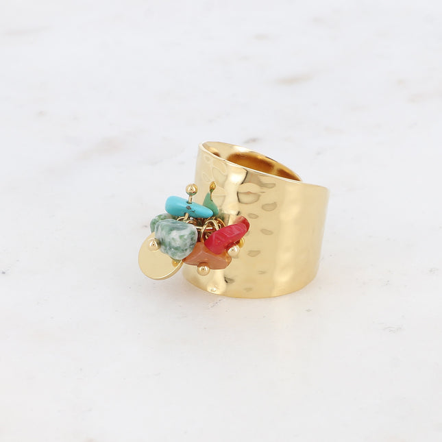 Bague large Albia - pampille ronde lisse et pierres naturelles