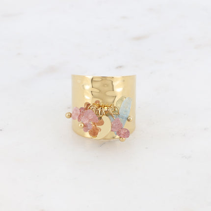 Bague large Albia - pampille ronde lisse et pierres naturelles