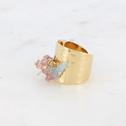 Bague large Albia - pampille ronde lisse et pierres naturelles