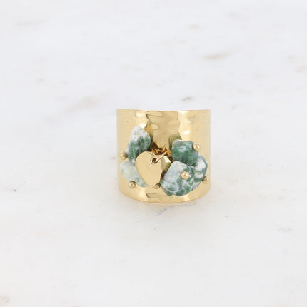 Bague large - pampille coeur lisse et pierres naturelles