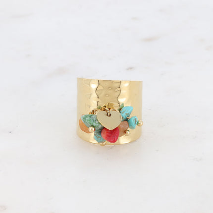 Bague large - pampille coeur lisse et pierres naturelles