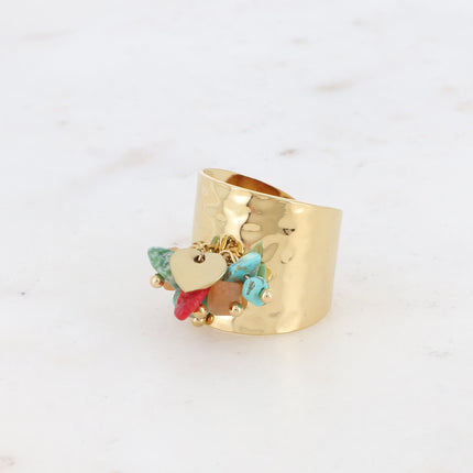 Bague large - pampille coeur lisse et pierres naturelles