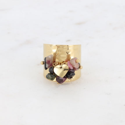 Bague large - pampille coeur lisse et pierres naturelles