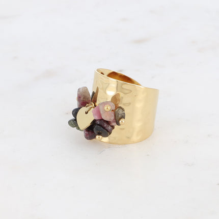 Bague large - pampille coeur lisse et pierres naturelles