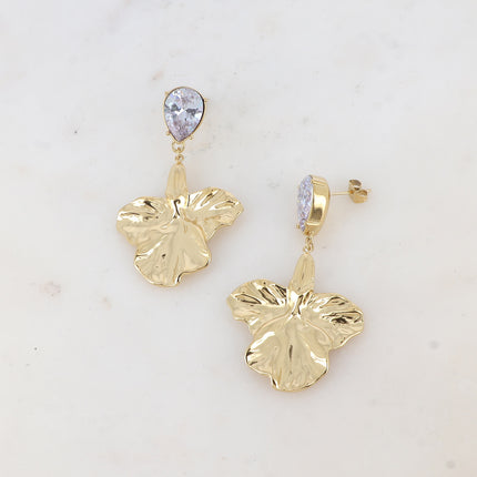 Milana drop earrings - crystal teardrop and textured foliage