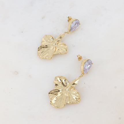 Milana drop earrings - crystal teardrop and textured foliage