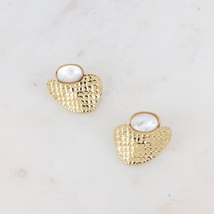 Boucles puces - pierre naturelle ovale et pièce quadrillée