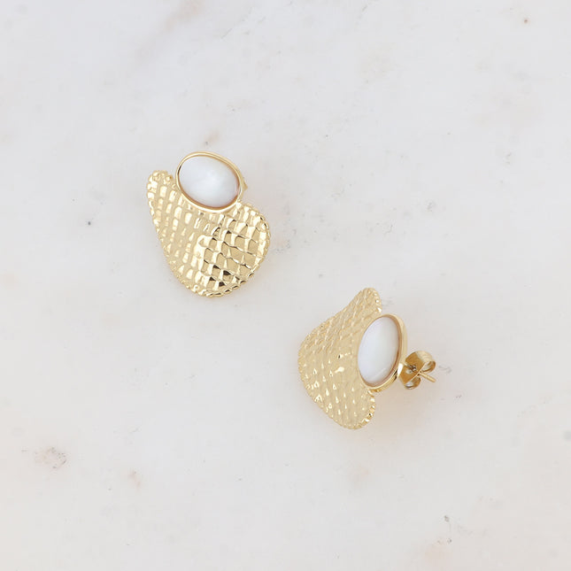 Stud earrings - oval natural stone and gridded piece