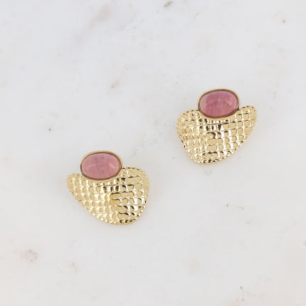 Boucles puces - pierre naturelle ovale et pièce quadrillée