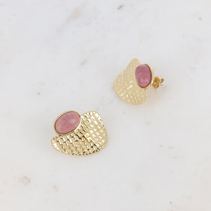 Boucles puces - pierre naturelle ovale et pièce quadrillée
