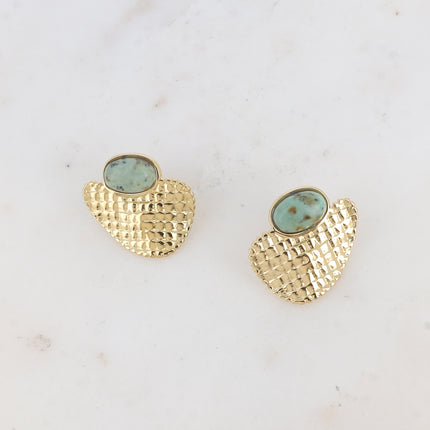 Boucles puces - pierre naturelle ovale et pièce quadrillée