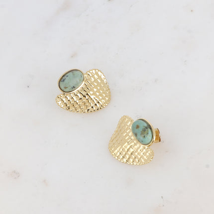 Boucles puces - pierre naturelle ovale et pièce quadrillée
