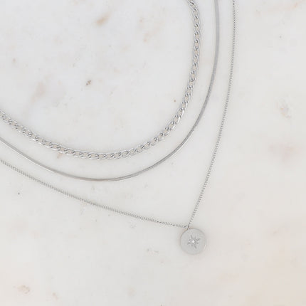 Collier 3 rangs Aloisia - maille miroir, gourmette avec pastille ronde, étoile et oxyde de zirconium